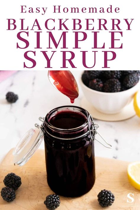 This homemade blackberry syrup recipe is quick and easy and uses simple ingredients. This blackberry syrup is the perfect way to add a touch of sweetness to your favorite cocktails, or lemonade, or use it as a coffee syrup or pancake syrup. Blackberry Coffee Syrup, Homemade Blackberry Syrup, Blackberry Simple Syrup Recipes, Blackberry Syrup Recipe, Fruit Syrup Recipe, Blackberry Recipe, Blackberry Simple Syrup, Fruit Powders, Homemade Coffee Syrup