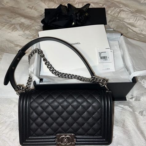 Chanel Boy Bag 2022 Black Caviar Chanel Boy Bag Medium, Chanel Le Boy, Black Caviar, Chanel Boy, Medium Bags, Chanel Boy Bag, Chanel Handbags, Silver Hardware, Medium Size