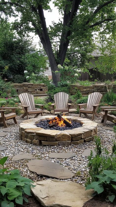 A cozy DIY firepit surrounded by seating, creating an inviting outdoor atmosphere. Stone Patios With Firepits, Outside Fire Pit Ideas Diy, Backyard Firepits On A Budget, Mountain Landscaping Ideas, Diy Firepits Backyard, Firepits Backyard Diy, Backyard Fire Pit Ideas Lounge Areas, Outside Fire Pit Ideas, Firepits Backyard Landscaping