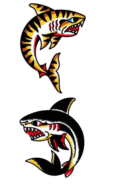 106 American Conventional Tattoo Concepts For A Timeless Look Check more at https://howcandothis.com/manstyle/106-american-conventional-tattoo-concepts-for-a-timeless-look-38/ Tiger Shark Tattoo Traditional, 2023 Flash Tattoo, Old School Sailor Tattoo, American Traditional Shark, Traditional American Tattoo, Traditional Shark Tattoo, Traditional Tattoo Stencils, Traditional Tattoo Flash Art, Traditional Tattoo Inspiration