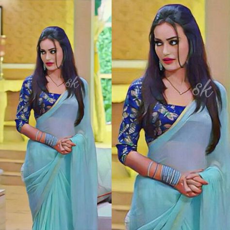 #Naagin3 #PearlVPuri #SurbhiJyoti #Bela #Mahir #Behir😘 #SurbhiJyoti❤️ Plain Saree With Printed Blouse, Printed Blouse Design, Bela Mahir, Naagin 3, Surbhi Jyoti, Simple Saree Designs, Indian Sari Dress, Traditional Indian Dress, Plain Saree