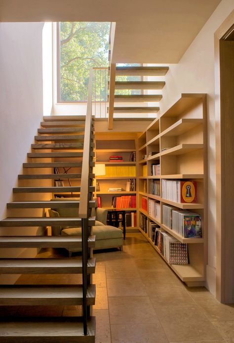 Cozy Up! How to Create the Ultimate Reading Nook | QualityBath.com Discover Open Staircase To Basement, Office Under Stairs, Farmhouse Staircase, Stair Design Architecture, Space Under Stairs, Open Trap, Open Stairs, Open Staircase, Stair Remodel