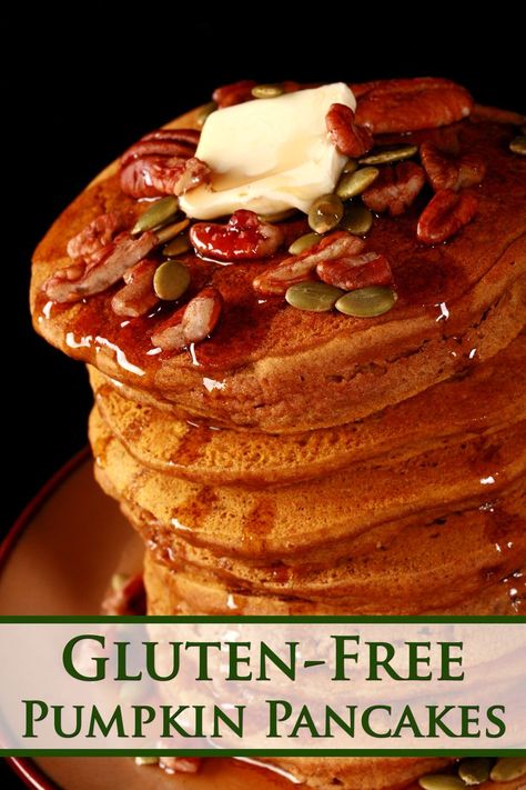 A plate of gluten free pumpkin pancakes topped with nuts and seeds. Gluten Free Pumpkin Pancakes, Pumpkin Pancakes Recipe, Pumpkin Pancake Recipe, Quick Breakfast Recipes, Breakfast Bites, Pumpkin Pancakes, Dairy Free Options, Gluten Free Pumpkin, Breakfast Smoothies