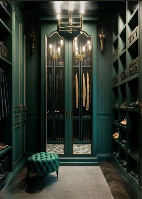 Dark And Moody Master Closet, Gothic Closet Aesthetic, Emerald Green Closet, Slytherin Aesthetic Home Decor, Green Walk In Wardrobe, Dark Academia Walk In Closet, Slytherin Interior Design, Slytherin House Decor, Dark Green Dressing Room