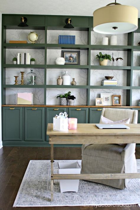 Office Interior Design With Sage Green Built-In Open Shelving And Cabinetry How To Decorate A Bookshelf, Decorate A Bookshelf, Diy Bookshelf Plans, Kitchen Bookcase, Panel Walls, Office Built Ins, Thrifty Decor Chick, Bookcase Decor, Wall Bookshelves