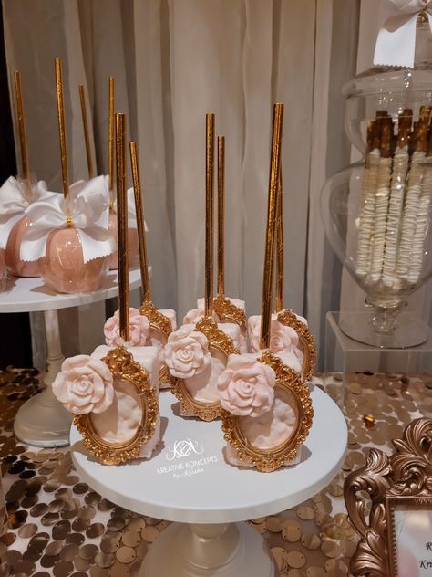 Rose Gold Rice Krispie Treats, Rose Gold Treat Table, Rose Gold Treats, Rose Gold Dessert Table, Quince Table, Wedding Treats Table, Rose Gold Engagement Party, Gold Dessert Table, Rice Treats