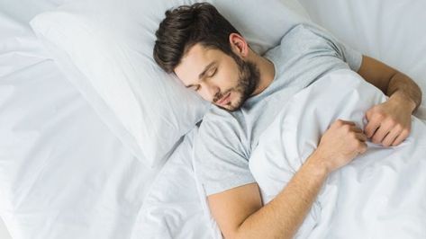 top view of bearded man sleeping on bed Sleeping Man, Fetal Position, Side Sleeping, Muscle Imbalance, Stomach Sleeper, Lower Abdomen, Sleep Tips, Relieve Back Pain, Poor Posture