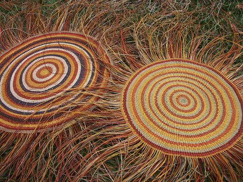 Aboriginal basket weaving  I just love watching my neighbours Selki and Megan weave beautiful baskets from hemp, local grasses such as flax and lomandra and hand dyed wool Useful Objects, Native Grasses, Rattan Weaving, Traditional Baskets, Aboriginal Culture, Macrame Tapestry, Woven Baskets, Hand Woven Baskets, Hand Dyed Wool