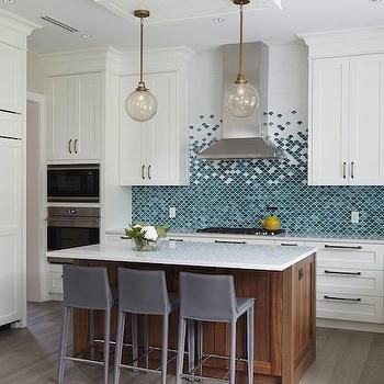 Fading Tile Backsplash Design Ideas Fish Scale Tile Backsplash, Backsplash Trends, Kitchen Backsplash Trends, Bold Kitchen, Fish Scale Tile, Turquoise Kitchen, Unique Backsplash, Blue Backsplash, Kabinet Dapur