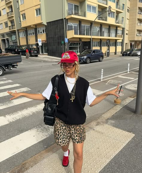 Red Cap Outfit, Burgundy Thigh High Boots, Burgundy Boots Outfit, Thigh High Boots Outfits, Cheetah Print Outfits, Red Baseball Cap, Tube Top And Skirt, Outfit Pose, Red Loafers