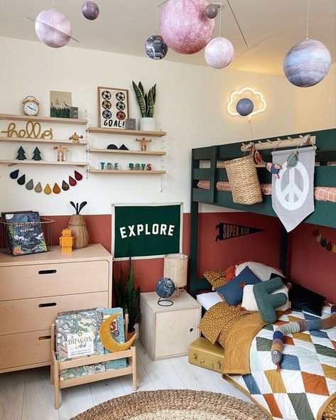 Boys Bedroom Bunkbeds Room Ideas, Children’s Bedroom Colour Ideas, Green Walls Boys Bedroom, Red Boys Bedroom Ideas, Red Blue Nursery, Toddler Boy Room Colorful, Green And Mustard Nursery, Boys Red Bedroom Ideas, Shared Boys Room Toddler