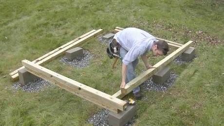 How to Build a Foundation and Frame a Floor for a Garden Shed - Fine Homebuilding Elevated Shed Foundation, Compacted Gravel, Cinder Block Foundation, Concrete Deck Blocks, Shed Foundation, Building A Floating Deck, Shed Frame, Diy Storage Shed Plans, Diy Wood Floors