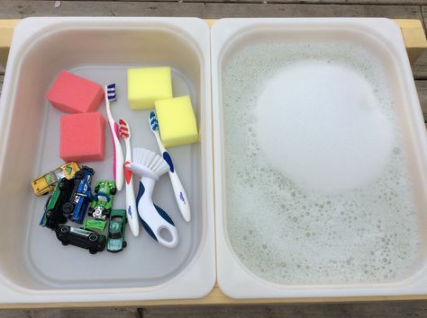 Car Wash Preschool, Car Wash Tuff Tray, Cars Sensory Bin, Car Wash Sensory Bin, Preschool Sensory, Car Activities, Water Tray, Transportation Theme, Tuff Tray