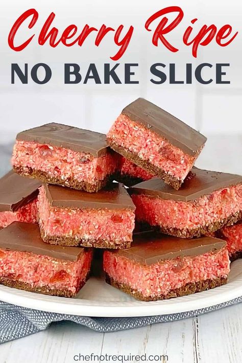 Cherry Ripe Recipes, No Bake Slice, Cherry Ripe Slice, No Bake Slices, Coconut Slice, Chocolate Slice, Cherry Coconut, Tray Bake Recipes, Glace Cherries