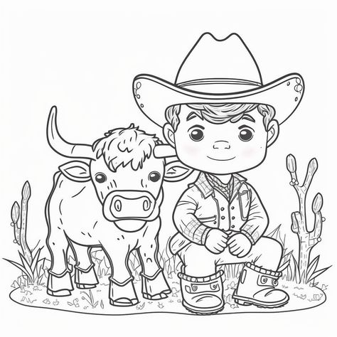 Cowboy Coloring Pages, Farm Animals For Kids, Cowboy Character, Farm Coloring Pages, Cowboy Pictures, Cowboy Baby Shower, Baby Farm Animals, Kids Coloring Pages, Horse Coloring Pages