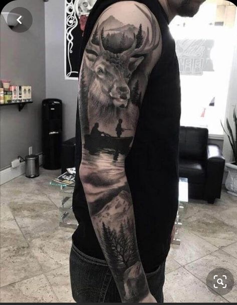 Mountain Sleeve Tattoo, Mens Full Sleeve Tattoo, Family Sleeve Tattoo, Natur Tattoo Arm, Tattoo Homme, Stag Tattoo, Hunting Tattoos, Animal Sleeve Tattoo, Nature Tattoo Sleeve