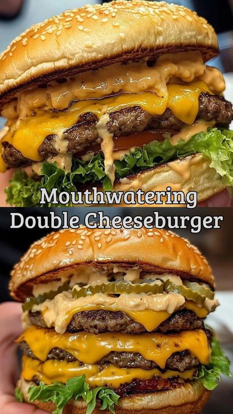 Mouthwatering Double Cheeseburger Recipe: Quick & Easy! Mcdonald’s Double Cheeseburger, Juicy Cheeseburger Recipe, Ground Beef Burger Recipes, Cheeseburger Ideas, Ground Beef Burger Recipe, Cheeseburger Recipes, Burger Recipes Beef, Melting Cheese, Cheeseburger Recipe