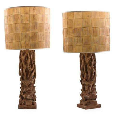 James Mont Pair of Carved Lamps Circa 1950s - Todd Merrill Large Tree Lamp, Restoration Hardware Bardot Burl, James Marriott Car Lights, Car Lights James Marriot, Tree Trunk Table, Brass Palm Tree Lamp, Robin Day, James Mont, Trunk Table