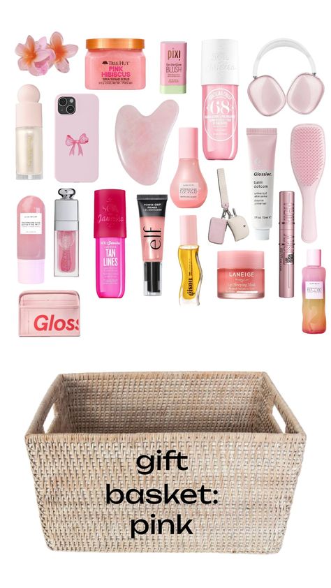 gift basket inspo! #pink #giftbasket #inspo #trend #aesthetic Pink Snack Basket, Pink Basket Gift Ideas, Birthday Baskets, Love Basket, Pink Gift Basket, Burr Basket, Preppy Birthday, Pink Snacks, Trend Aesthetic