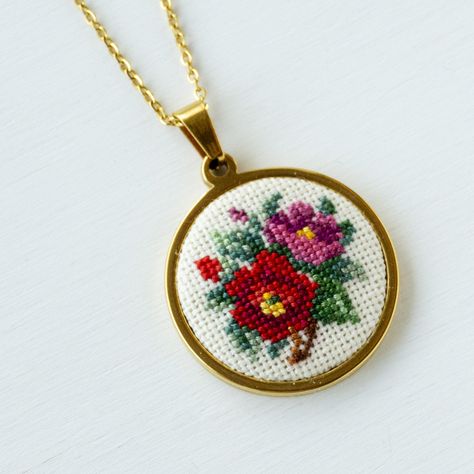 Purple Rose Bouquet, Bouquet Pendant, Micro Embroidery, Cross Stitch Flower, Cross Stitch Necklace, Stitch Jewelry, Embroidered Rose, Embroidered Necklace, Stitch Ideas