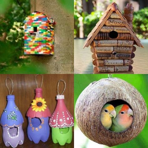 These days buying a new birdhouse is pretty cheap to buy (no pun intended). But why buy new when you could make one of these birdhouses... Birdhouse From Recycled Materials, Birdhouse Out Of Recycled Materials, Birdhouse Diy Plans, Recycled Bird Houses, Simple Birdhouse, Birdhouses Diy, Wine Cork Birdhouse, Birdhouse Projects, Diy Birdhouse