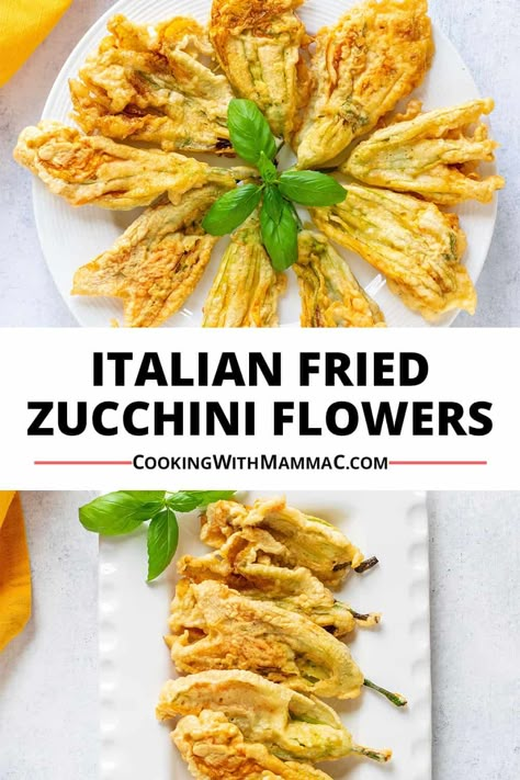 Learn to make Italian Fried Zucchini Flowers! They'll be ready in about 30 minutes. Don't miss this delicious recipe and information about buying, picking and storing squash blossoms. This will be one of the best appetizers of your life! Storing Squash, Squash Blossom Recipe, Fried Zucchini Flowers, Fried Squash Blossoms, The Best Appetizers, Squash Flowers, Zucchini Recipes Baked, Italian Christmas Recipes, Fried Zucchini