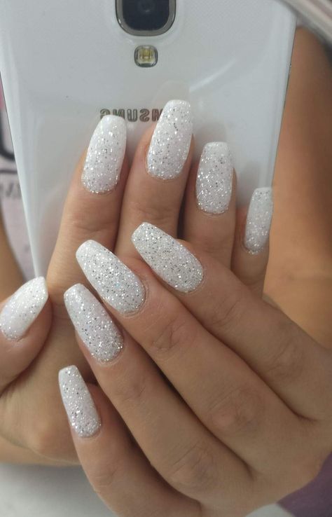 Kiara Sky White and Masterpiece French Tip Nails White Sparkle, White Short Nails Christmas, White Short Glitter Nails, New Years Nail Designs White, Sparley White Nails, Simple White And Silver Nails, White And Sparkly Nails, White Dip Nail Ideas, White Sparkly Nails Almond