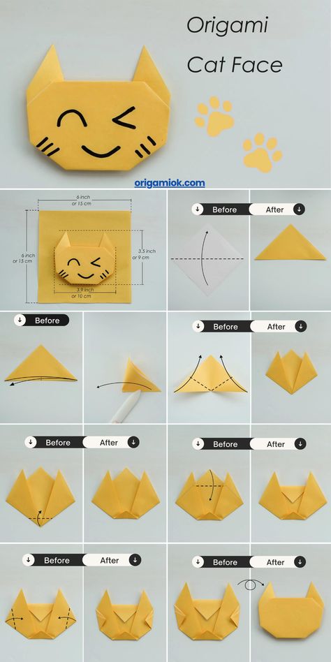 Animal Face is a lovely group of children-friendly origami ideas. You can finish this paper cat face within 10 minutes. It will have two lovely standing ear and a fact face. Cute Animal Origami, Origami Cat Easy, Origami Cat Instructions, Cat Crafts For Kids, Origami Animals Easy, Origami Dog Face, Origami Cat Face, Cat Origami, Paper Cats