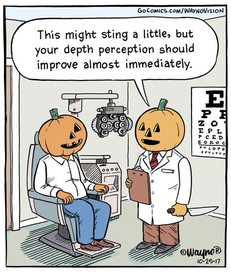 Eye exam...     - "WaynoVision" by Wayno;  10/28/17 Optometry Humor, Eye Jokes, Depth Perception, Halloween Jokes, Halloween Memes, String Cheese, Eye Doctor, Holiday Humor, Funny Cartoons