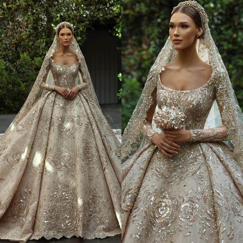 Elegant Wedding Dresses Ball Gown Appliques Sequined Lace Floor-Length Bride Wedding Dress Vestido Court Wedding Dress, Types Of Wedding Dresses, Gold Ball Gown, Old Fashioned Wedding, Queen Wedding Dress, Gold Wedding Gowns, Royal Gowns, Bead Lace, Black And Gold Wedding