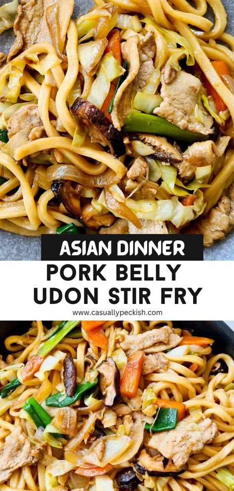 Close up of udon stir fry with captions Stir Fry With Pork, Weekend Lunch Ideas, Pork Udon, Pork Belly Recipes Crispy, Udon Stir Fry, Chicken Stir Fry With Noodles, Noodle Salads, Udon Noodles Recipe, Fried Udon