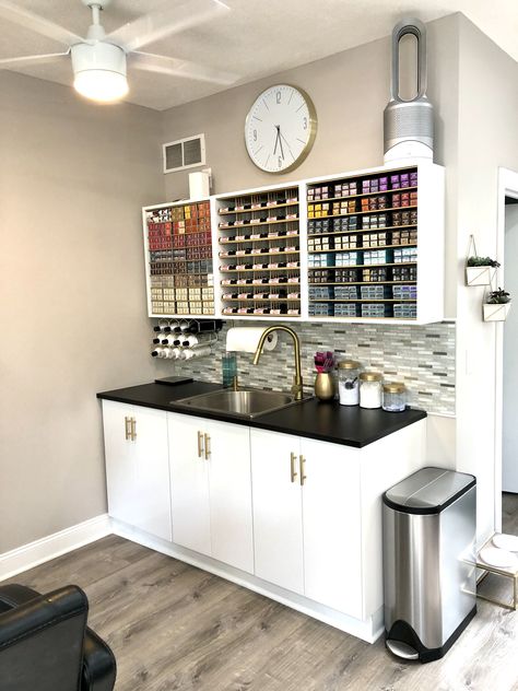 Laundry Room Hair Salon Ideas, Ikea Salon Storage Ideas, Color Bar Storage Ideas, Interior Design For Hair Salon, Salon From Home Ideas, Shampoo Bowl Cabinet Ideas, Hairsalon Color Bar, Home Salon Color Bar, Color Bars For Salons