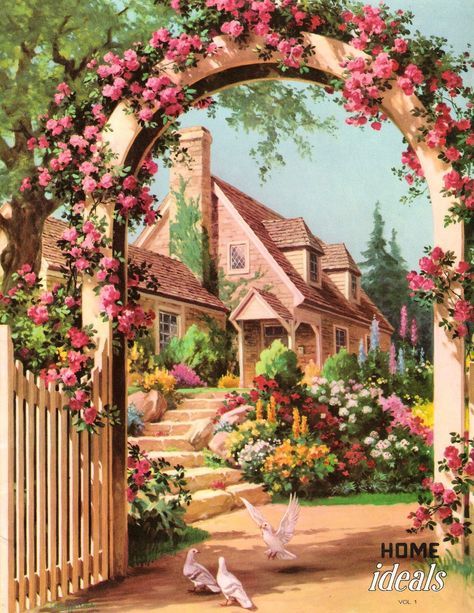 Cottage Illustration, House Images, Canvas For Beginners, Storybook Cottage, Beautiful Cottages, Cottage Art, Grafic Design, Images Vintage, Cover Image