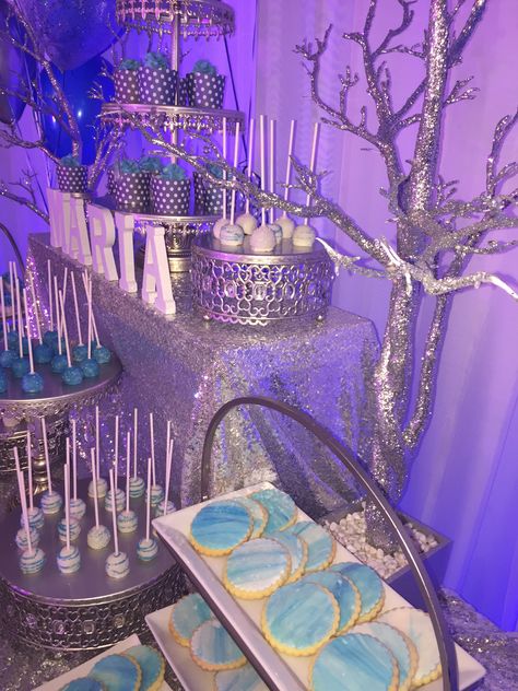 Navy blue silver birthday party-sweet sixteen candybar Blue Silver Birthday, Sweet Sixteen Cakes, Silver Birthday, Blue Cakes, Frozen Birthday, Sweet Sixteen, Sweet 16, Candy Bar, Blue And Silver