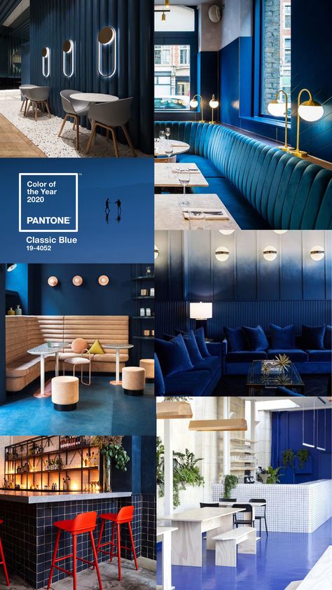 Restaurant bar and cafe interiors inspired by the Pantone color of the year 2020 Classic Blue Venue Interior, Small Space Look Bigger, Blue Restaurant, Cafe And Bar, Cafe Interiors, Interior Restaurant, Blue Cafe, Blue Interior Design, Museum Interior