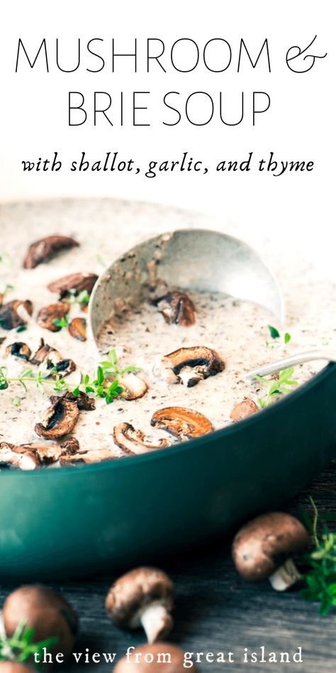 Mushroom and Brie Soup is a classic creamy mushroom soup kicked up a notch with lots of luxurious Brie cheese. It's perfect for a cozy dinner on the couch or a special first course for holiday meal. #soup #comfortfood #cheesesoup #mushroomsoup #bestmushroomsoup #easymushroomsoup #fall #fallsoup Brie And Mushroom Soup, Brie Mushroom Soup, Mushroom Brie Bisque Soup, Mushroom Brie Soup, Brie Soup Recipes, Mushroom And Brie Soup, Mushroom Brie Bisque, Elegant Soup Recipes, Brie Cheese Sandwich Recipes