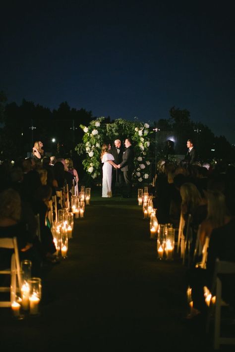 Modern Night Wedding at the London West Hollywood Wedding At Night Outdoor, Backyard Night Wedding, Dusk Wedding Ceremony, Aisle For Wedding, Night Wedding Ceremony, Evening Wedding Ceremony, Outdoor Night Wedding, Night Ceremony, Outdoor Evening Wedding