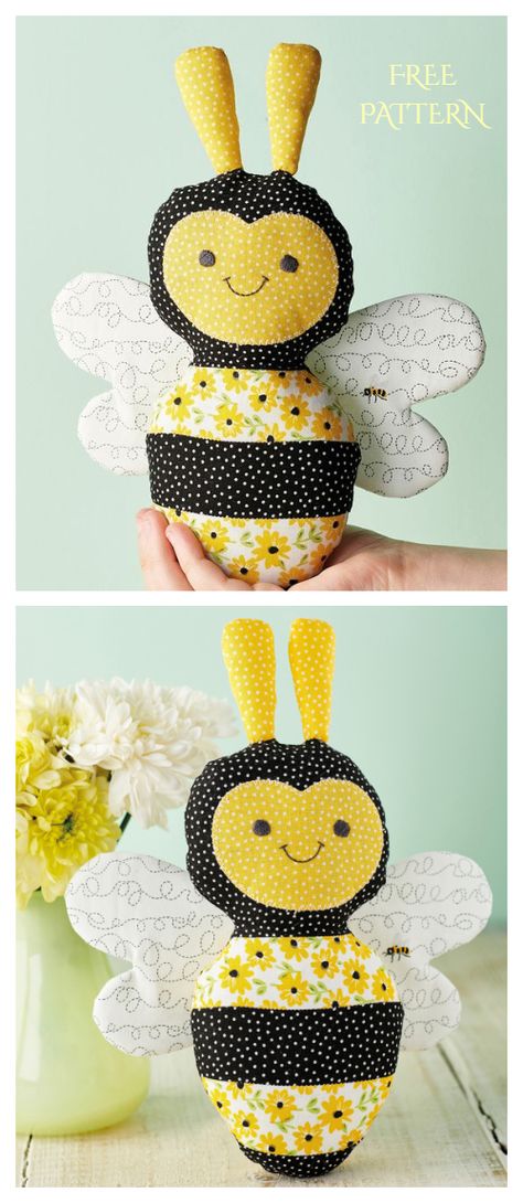 DIY Fabric Toy Sunshine Bee Free Sewing Pattern | Fabric Art DIY Fabric Toys Diy, Bee Diy, Fabric Art Diy, Diy Plush Toys, Bee Free, Fabric Crafts Diy, Bee Fabric, Fabric Sewing Patterns, Sewing Bee