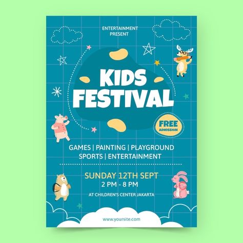 Flat vertical poster template for childr... | Free Vector #Freepik #freevector #flat-poster #kids-poster #kids-template #vertical-poster Kids Event Poster, Vertical Poster, Party Poster, Kids Events, Event Poster, Kids Poster, Childrens Party, Poster Template, Vector Photo