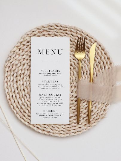 This minimal wedding menu template features bold fonts highlighting the couple’s initals. It looks beautiful like this, but you can change the colors to match your event color pallete!  You can edit the text, font, font color and background color to add your own accent and match to your event style! 100% editable menu with digital download!  #WEDDINGMENU #MINIMALISTWEDDING Wedding Table Menus, Wedding Dinner Menu, Event Menu, Printable Menu, Wedding Menu Template, Wedding Menu Cards, Wedding Table Decor, Minimal Wedding, Rustic Chic Wedding