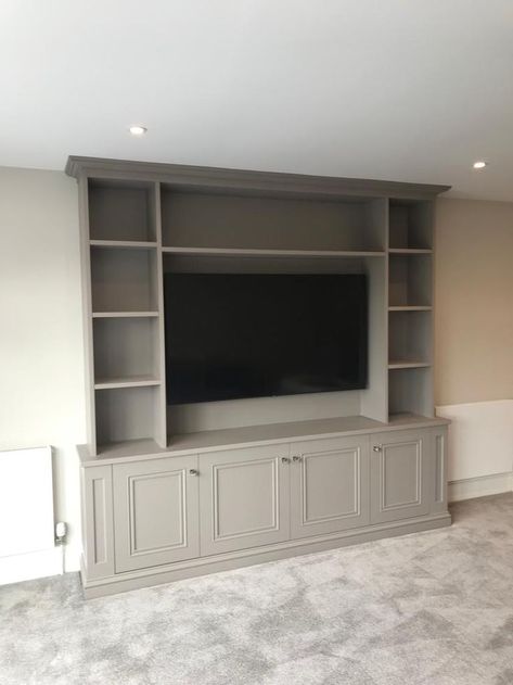 Grey TV Media unit with cupboards Media Unit With Storage, Tv Media Wall With Storage, Tv Bookcase Wall Bedroom, Media Wall Around Window, Tv Storage Wall Unit, Shallow Tv Built In, Tv Wall Unit Small Space, Storage Media Wall, Small Media Unit