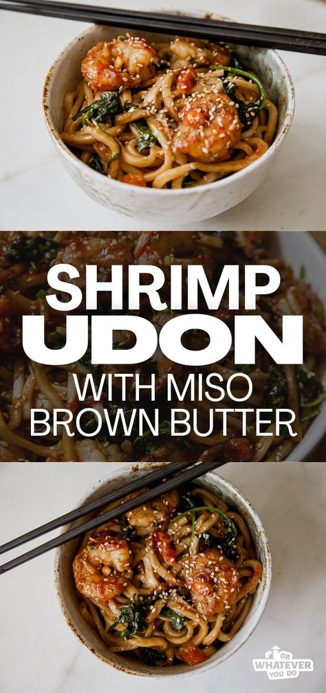 Shrimp Udon with Miso Brown Butter Shrimp Udon, Best Dinners, Udon Recipe, Hamburger Helper Recipes, Blackstone Recipes, Miso Butter, Red Bell Peppers, Butter Shrimp, Homemade Hamburgers