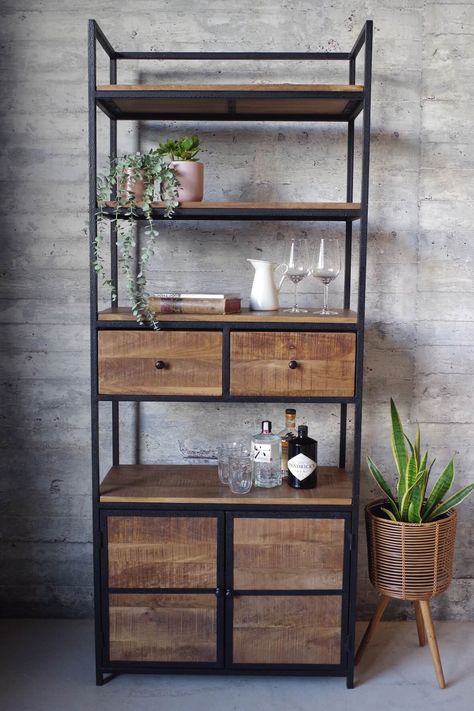 Boho Style Furniture, 2 Door Cupboard, Industrial Bookcase, Tall Bookcase, Industrial Bookcases, Industrial Style Furniture, Cupboard Shelves, Industrial Design Furniture, Black Kitchen Cabinets