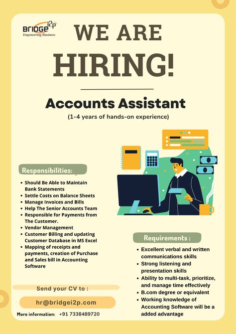 I’m #hiring. Know anyone who might be interested? send your resume to : hr@bridgei2p.com / +91 7338489720 #hiring #jobalerts #jobsindia #hiringalerts #hiring2022 #accountantjobs #hiringprofessionals Agriculture Job Hiring Poster, Job Vacancy Poster, Hiring Poster, Job Poster, Ikon Wallpaper, Accounting Jobs, Creative School Project Ideas, Bond Paper Design, Job Hiring