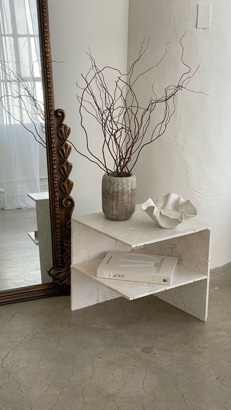 Marble Bed Side Table, Travertine Side Table Diy, Travertine Nightstand, Bunk Bed Decor, Diy Marble Table, Marble Bed, Travertine Side Table, Marble Nightstand, Stone Side Table