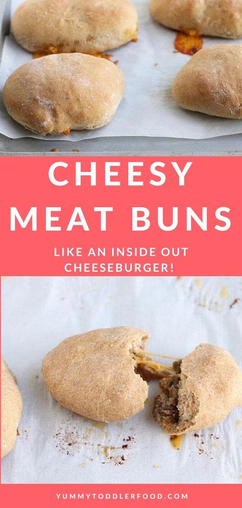 Cheesy Meat Buns Meat Pockets, Meat Buns, Meat Bun, Delicious Family Dinners, Toddler Dinner, Cheeseburger Recipe, Eat Beef, Homemade Dough, Toddler Food