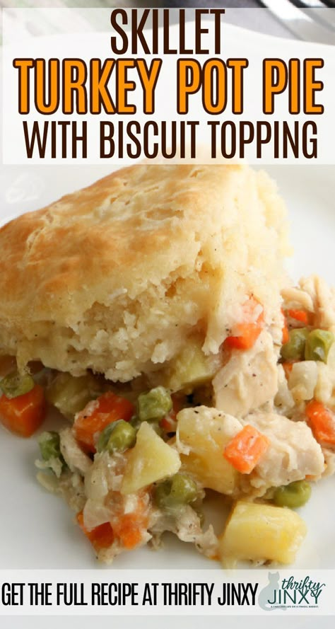 You can't go wrong with this delicious and hearty Skillet Turkey Pot Pie with Biscuit Topping recipe! It's easy to make and a great way to use up leftover turkey. And, since it only uses one skillet, it gives you easy cleanup! #POTPIE #TURKEY #LeftoverTurkey #SkilletMeal #EasyDinner #DinnerRecipes Turkey Pot Pie Recipe With Biscuits, Turkey Pot Pie Recipe Easy, Leftover Turkey Breast, Turkey Pot Pie Easy, Pot Pie Recipe Easy, Turkey Pot Pie Recipe, Turkey Pie, Turkey Pot, Turkey Casserole