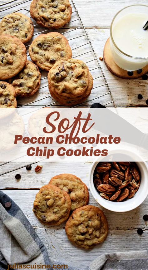 Soft Pecan Chocolate Chip Cookies Pecan Chocolate Chip Cookies, Pecan Chocolate, Chocolate Chip Pecan Cookies, Soft Chocolate Chip Cookies, Bake Goods, Walnut Cookies, Pecan Cookies, Nut Recipes, Choco Chips