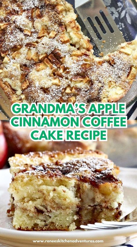 Two photos of Grandma's Apple Cinnamon Coffee Cake Recipe one in pan and another is a slice of cake ready to eat. Apple Cinnamon Coffee Cake, Fresh Apple Recipes, Apple Cake Recipe Easy, Moist Apple Cake, Apple Coffee, Coffee Cake Recipes Easy, Fresh Apple Cake, Blueberry Breakfast Cake, Apple Coffee Cakes