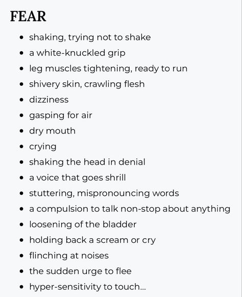 Describing Shock Writing, How To Show Emotions In Writing, Describing Fear Writing, How To Write A Realistic Panic Attack, List Of Fears, How To Describe Fear, Fears For Characters, Fear Prompts, Writing Gore